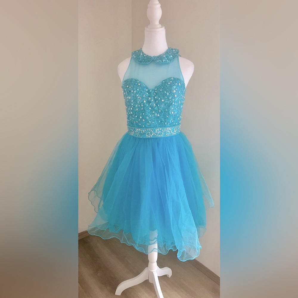 Formal turquoise beaded mini dress!